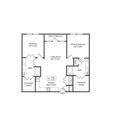 Floor plan for 2 beds, 2 baths, 1108 sqft